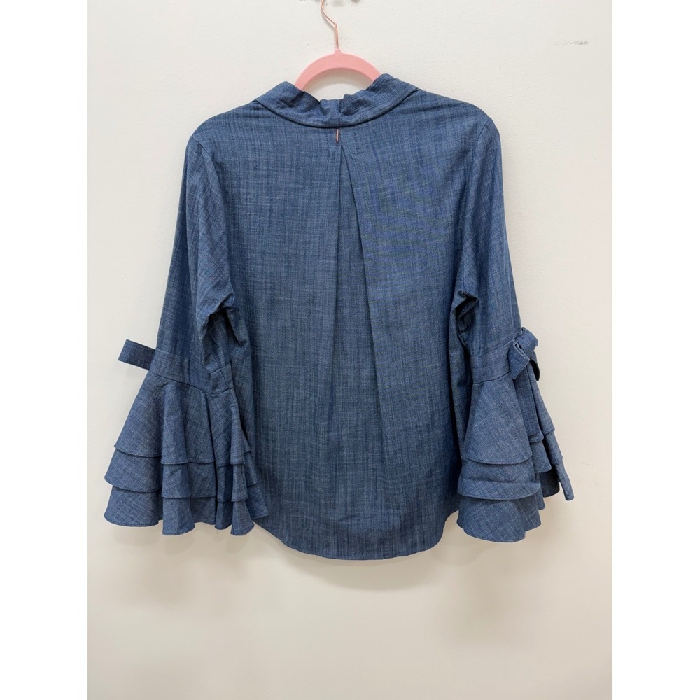 Misa Wrap Blouse Size M Blue Ruffle Bell Sleeve Bow Detail Chambray Style - Picture 7 of 11